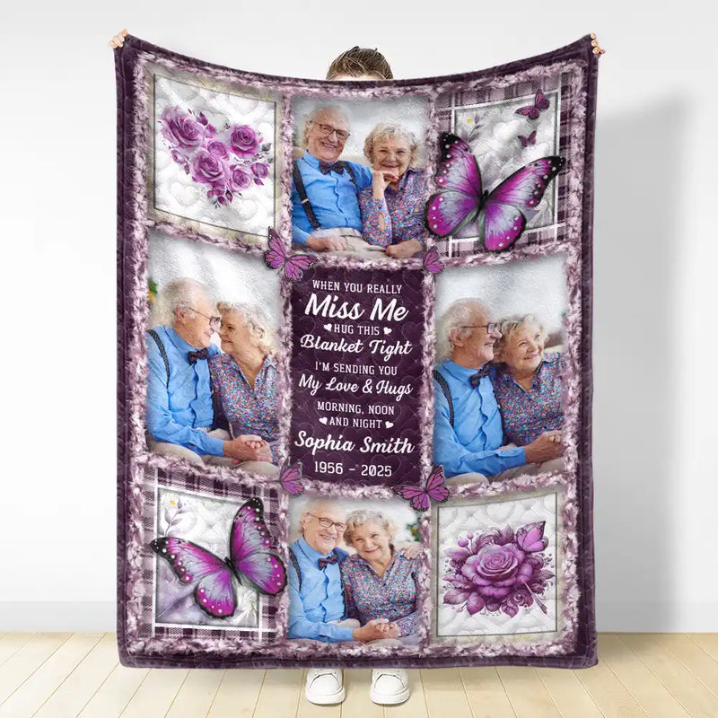 Custom Photo Memorial Butterfly When You Really Miss Me Hug This Blanket - Personalized Fleece Blanket, Sherpa Blanket