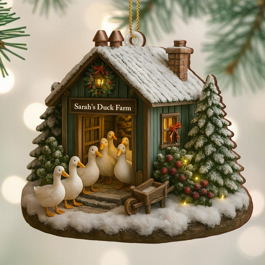 Charming Winter Duck Farm Christmas Scene, Personalized Custom Wood Ornament, Gift For Animal Lovers