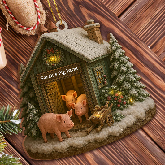 Cozy Farmhouse Christmas With Pigs And Snow,Personalized Custom Wood Ornament,Gift For Family And Farm Owners