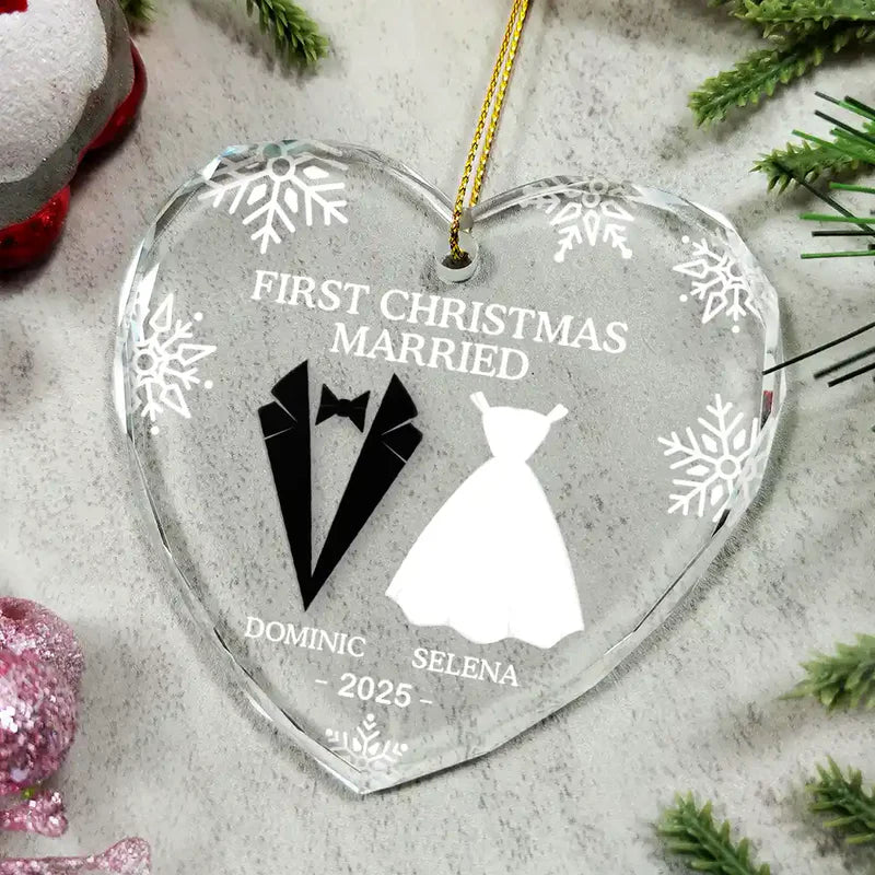 First Christmas As Married Couples - Personalized Heart Shaped Glass Ornament