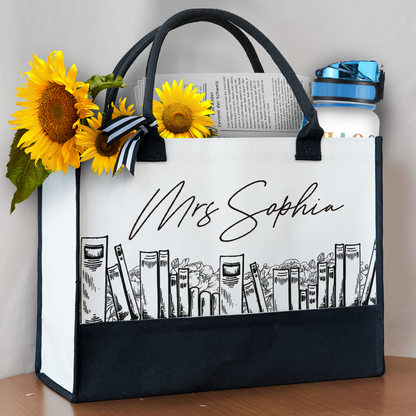 Floral Books Personalized Canvas Tote Bag