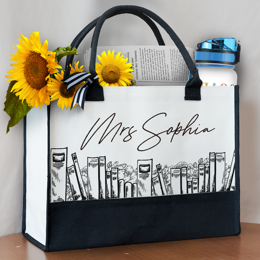 Floral Books Personalized Canvas Tote Bag