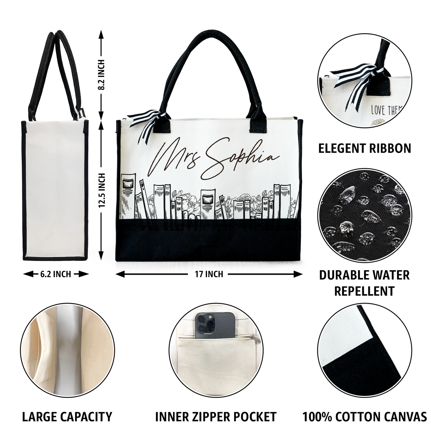 Floral Books Personalized Canvas Tote Bag