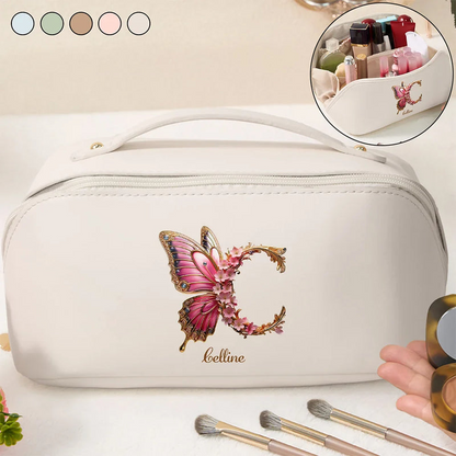 Flower Butterfly Monogram - Personalized Leather Makeup Bag