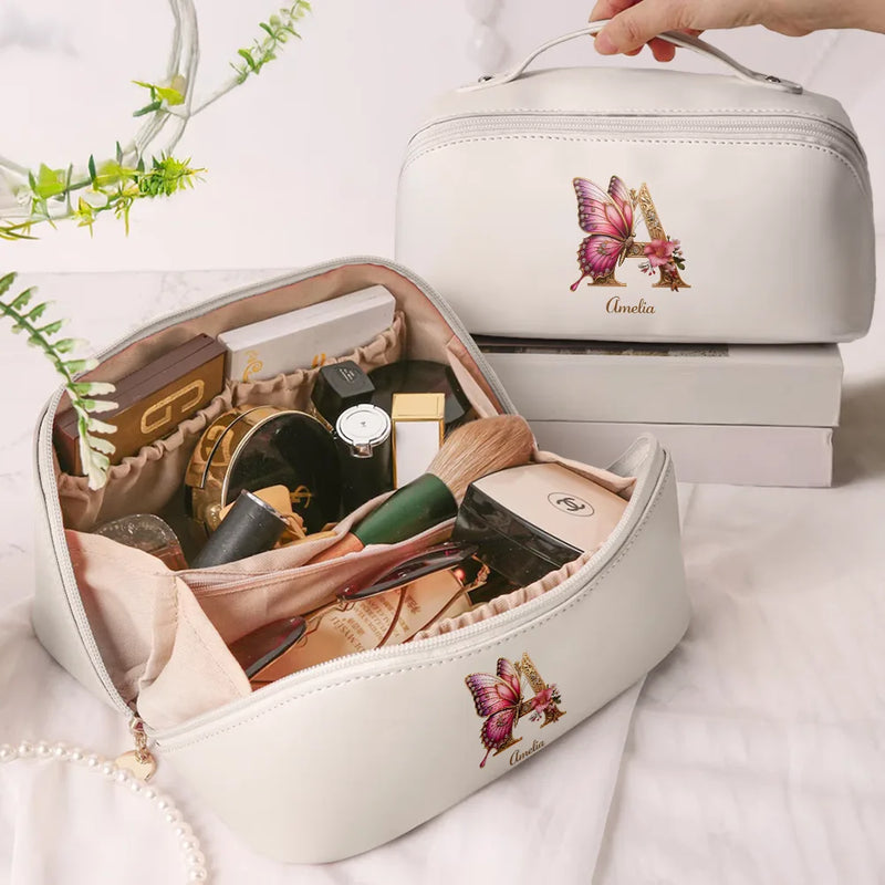 Flower Butterfly Monogram - Personalized Leather Makeup Bag