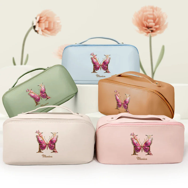 Flower Butterfly Monogram - Personalized Leather Makeup Bag