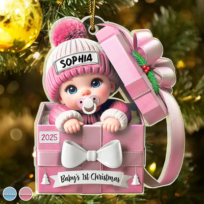 Baby First Christmas, Baby Reveals, Gift Box 3D Effect - Personalized Custom Shaped Acrylic Ornament