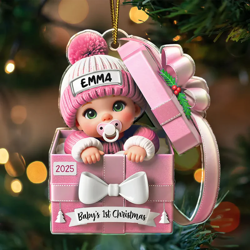 Baby First Christmas, Baby Reveals, Gift Box 3D Effect - Personalized Custom Shaped Acrylic Ornament