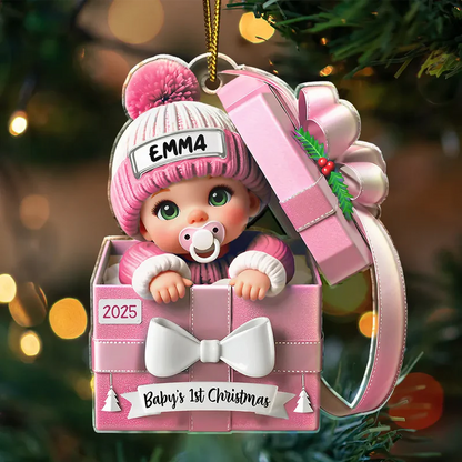 Baby First Christmas, Baby Reveals, Gift Box 3D Effect - Personalized Custom Shaped Acrylic Ornament
