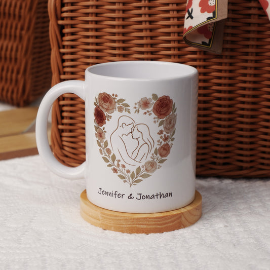 Personalized Floral Heart Couple Mug with Custom Name – Romantic Gift for Her on Valentine’s Day, Anniversary or Wedding