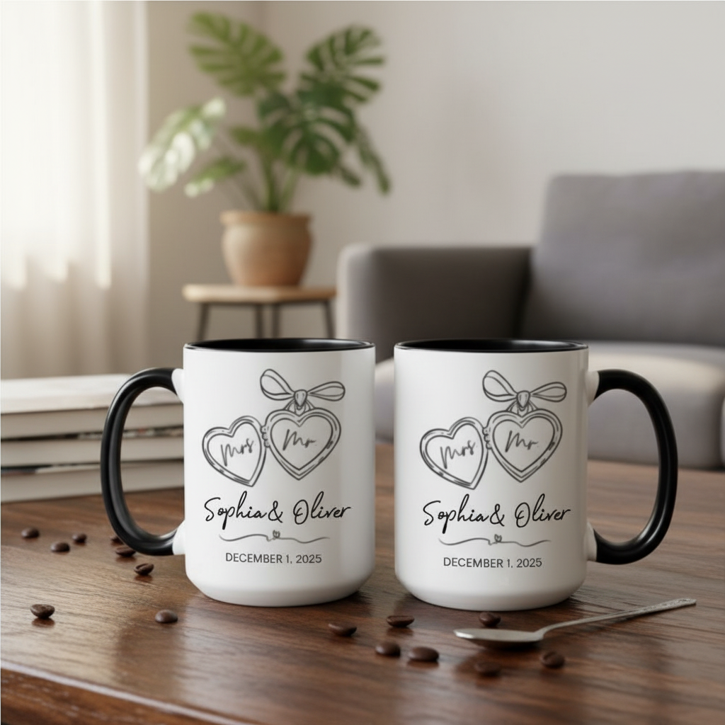 Personalized Mr & Mrs Engagement Mug – Custom Heart Locket Couple Gift for Bridal & Wedding Celebrations