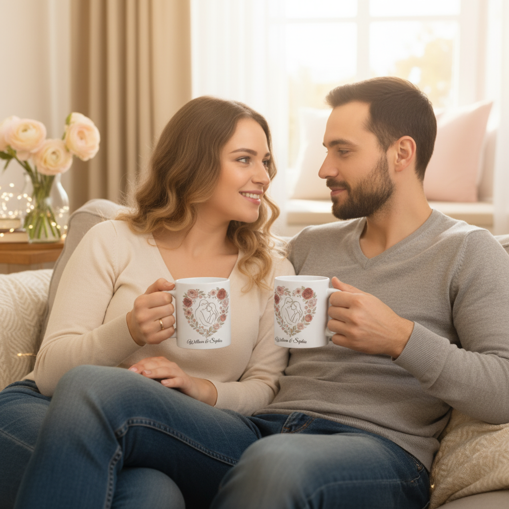 Personalized Floral Heart Couple Mug with Custom Name – Romantic Gift for Her on Valentine’s Day, Anniversary or Wedding