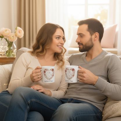 Personalized Floral Heart Couple Mug with Custom Name – Romantic Gift for Her on Valentine’s Day, Anniversary or Wedding