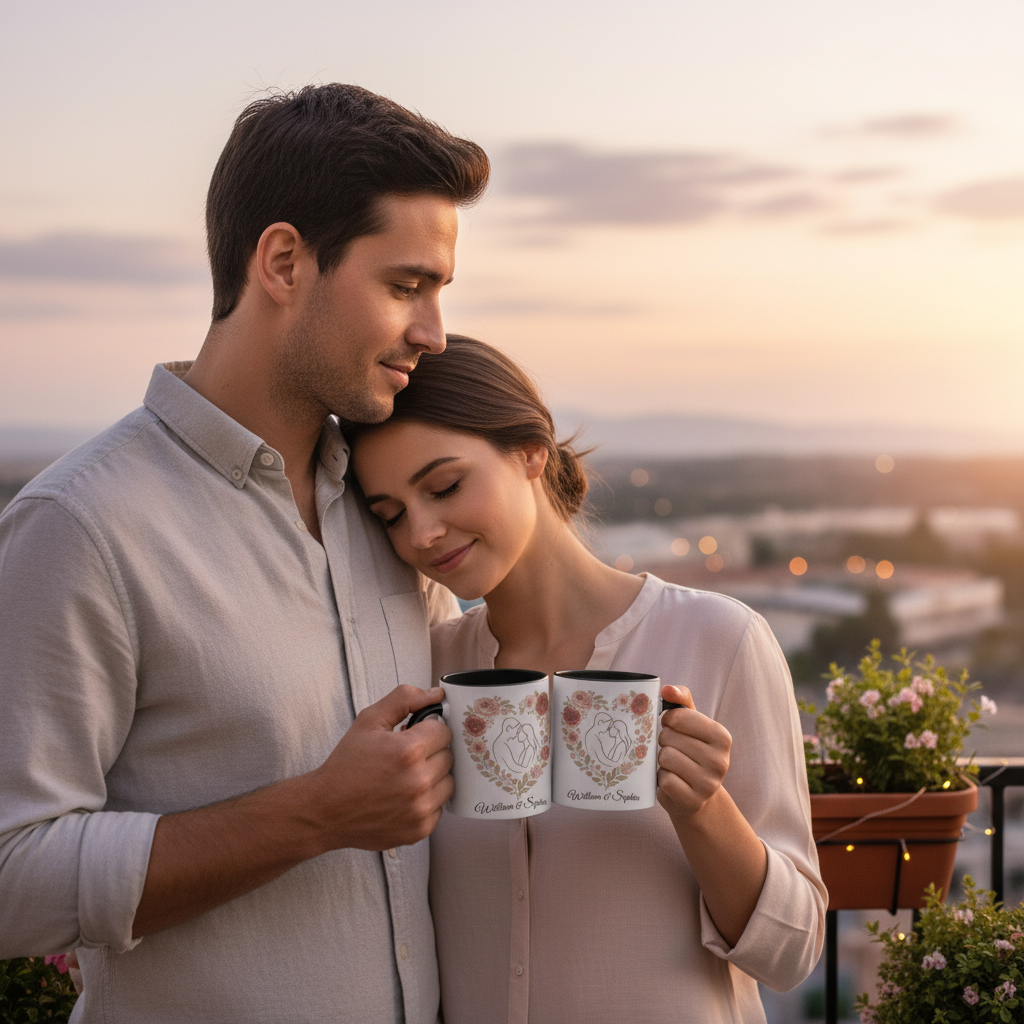Personalized Floral Heart Couple Mug with Custom Name – Romantic Gift for Her on Valentine’s Day, Anniversary or Wedding