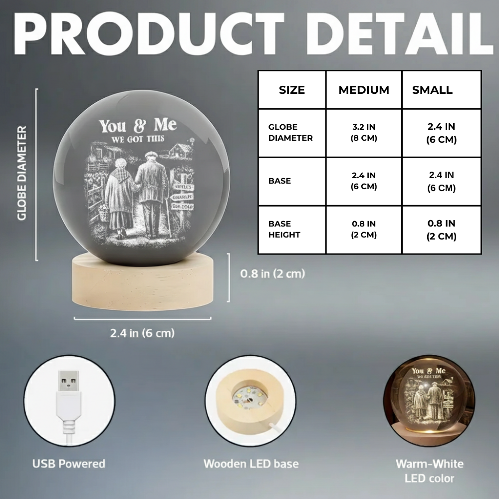 Old Couple Walking Growing Old Together - Personalized Crystal Ball LED Night Light, Heartfelt Valentine's Day Gift For Couple, For Him, For Her