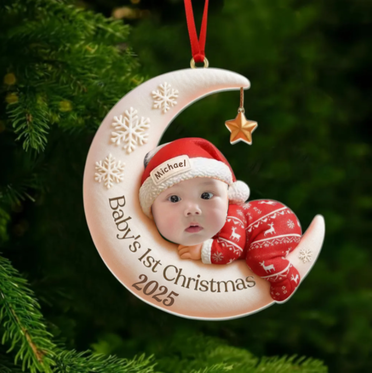 Baby First Christmas Ornament, Custom Moon Sleeping Acrylic Keepsake