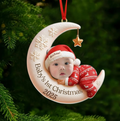 Baby First Christmas Ornament, Custom Moon Sleeping Acrylic Keepsake