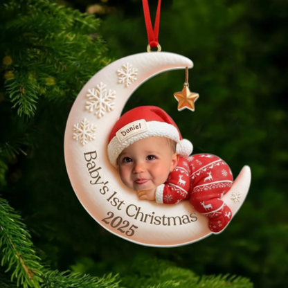 Baby First Christmas Ornament, Custom Moon Sleeping Acrylic Keepsake