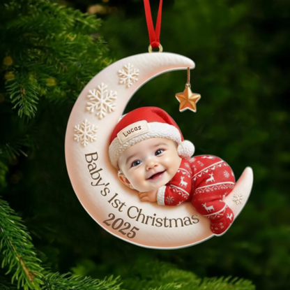 Baby First Christmas Ornament, Custom Moon Sleeping Acrylic Keepsake