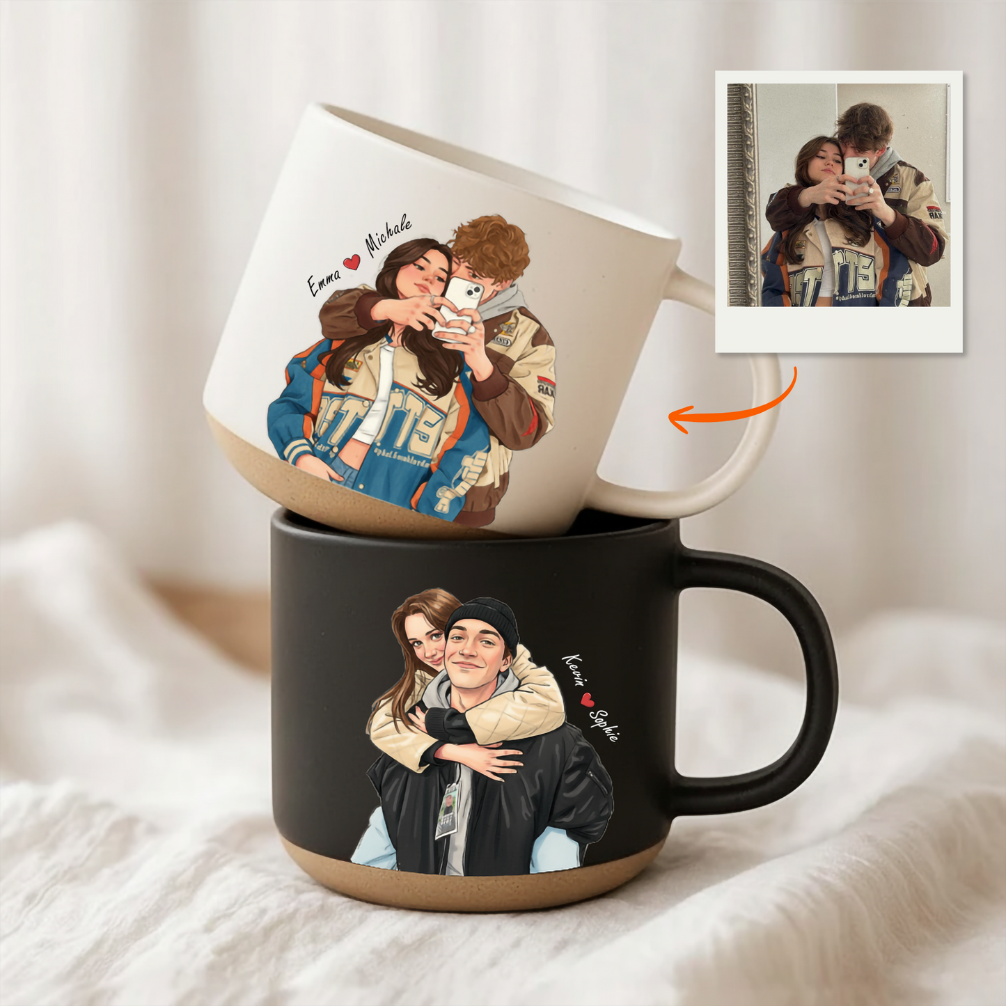 Personalized Hand-Drawn Portrait Pottery Mug – Custom Photo Ceramic Coffee Cup Gift for Couples & Family