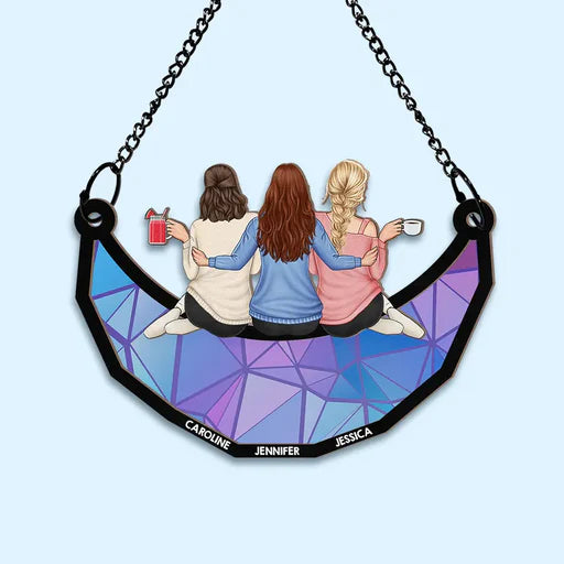 Besties Friends Sitting On The Moon - Personalized Window Hanging Suncatcher Ornament