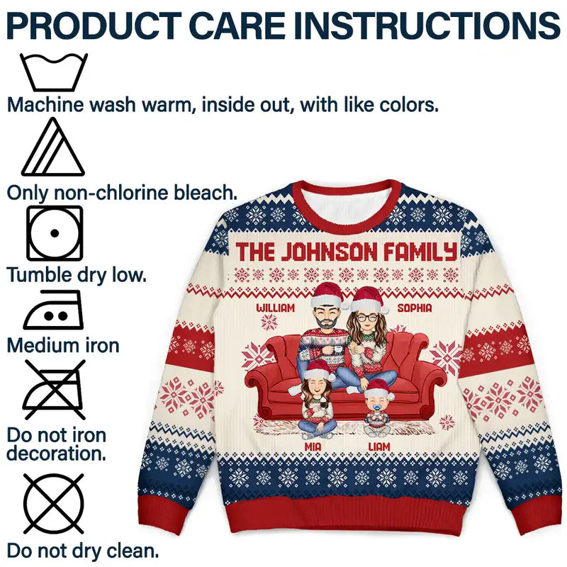 Cartoon Couple With Kids And Pets - Personalized Unisex Ugly Sweater