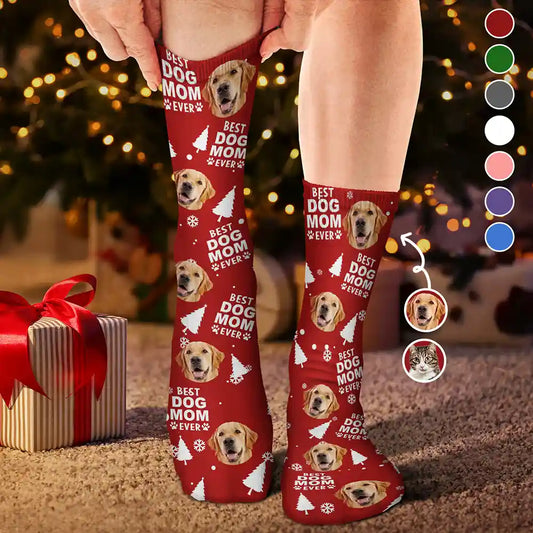 Custom Photo Best Dog Cat Dad Mom Ever Christmas - Personalized Socks