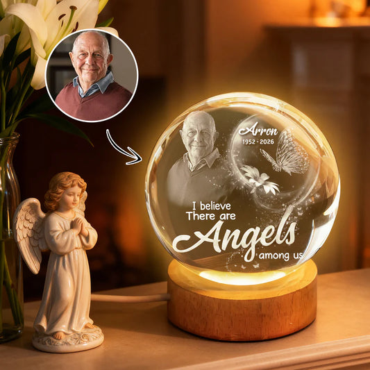 I Believe There are Angles Among us Memorial Tribute - Personalized Crystal Ball Night Light - Heartfelt Remembrance Keepsake