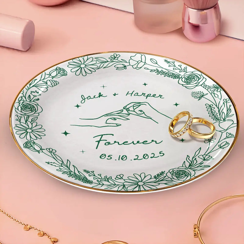 Toile De Jouy Engaged Married Couple Hands - Personalized Round Ring Dish