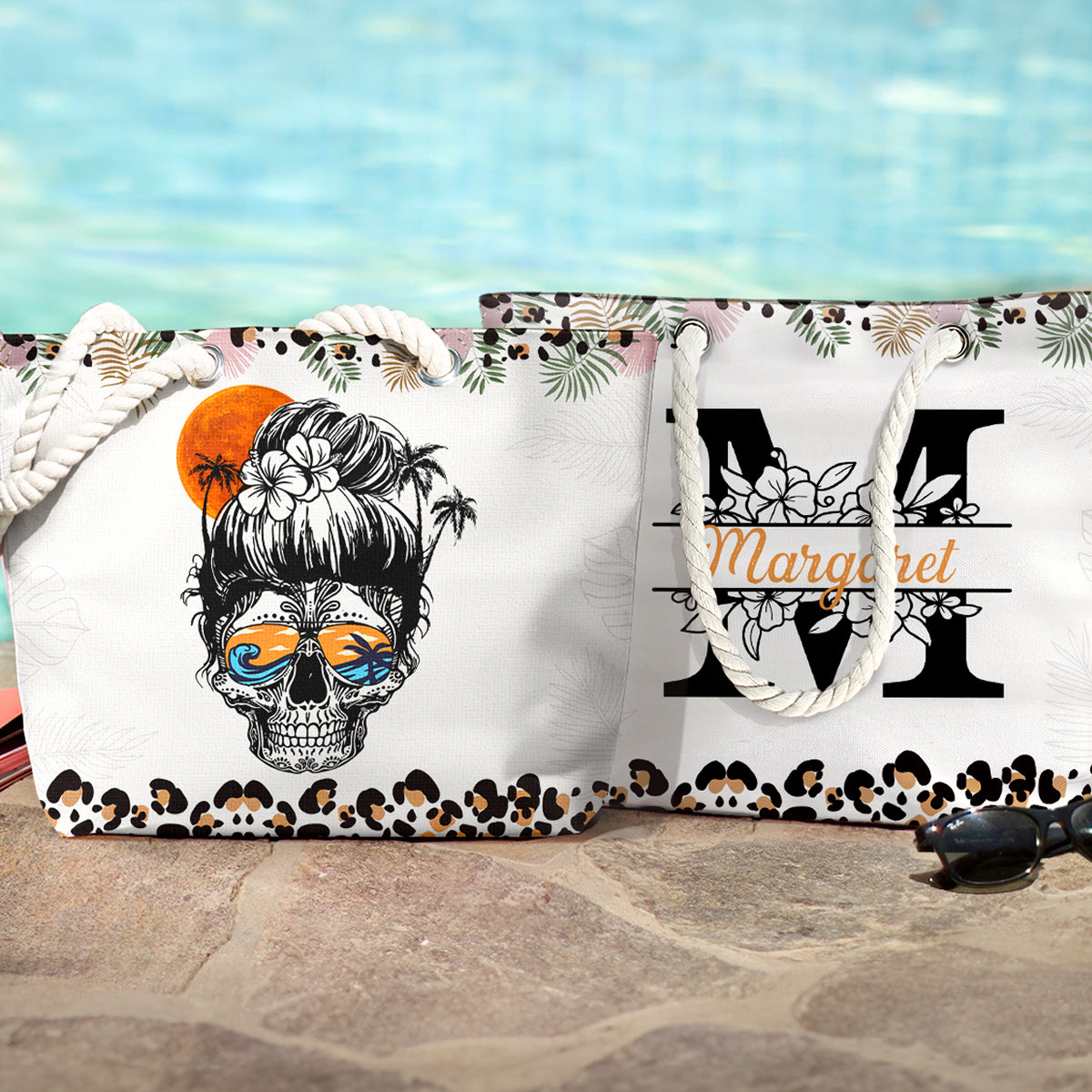 Tropical Skull & Monogram Letter - Personalized Beach Bag