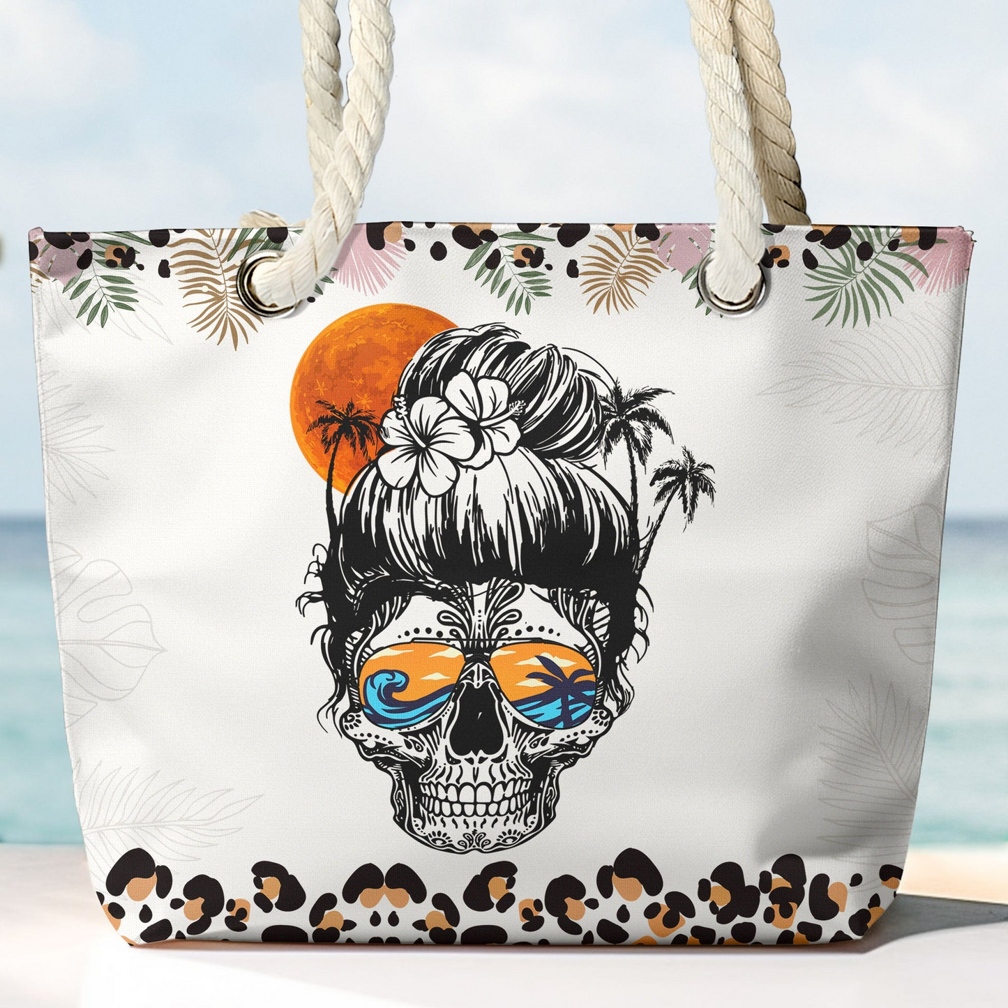 Tropical Skull & Monogram Letter - Personalized Beach Bag