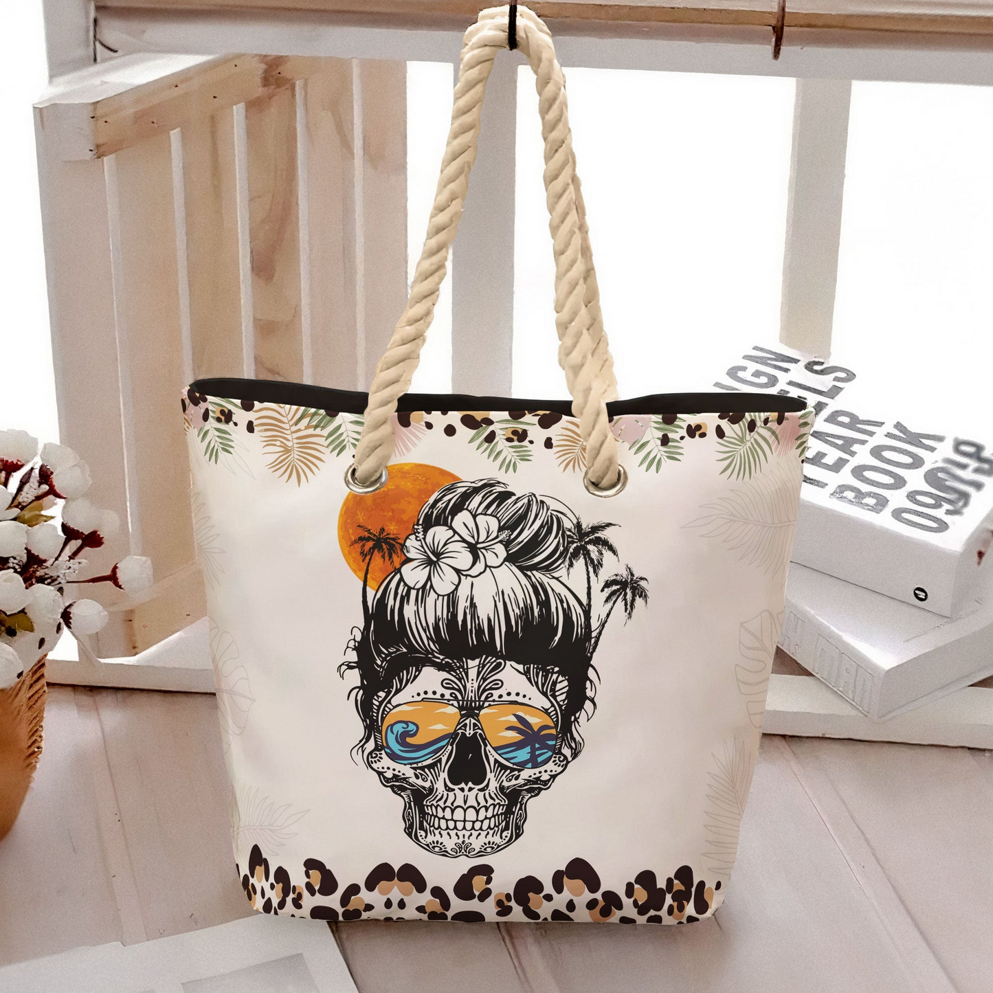 Tropical Skull & Monogram Letter - Personalized Beach Bag