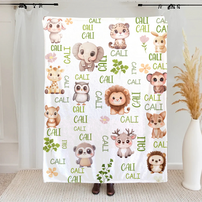 Personalised Multicolor Cute Forest Animal Soft Throw Blanket with Name Children's Day Christmas Gift for Boys Girls