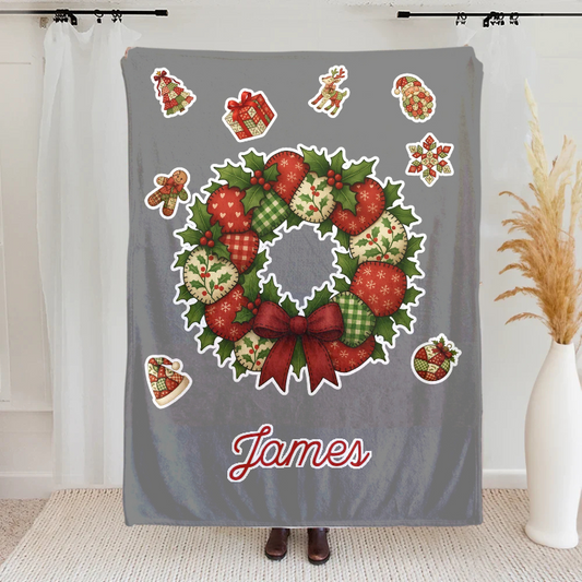 Personalised Colorful Patchwork Element Christmas Tree Santa Claus Soft Throw Blanket with Name Home Decor Christmas Gift for Family Friends