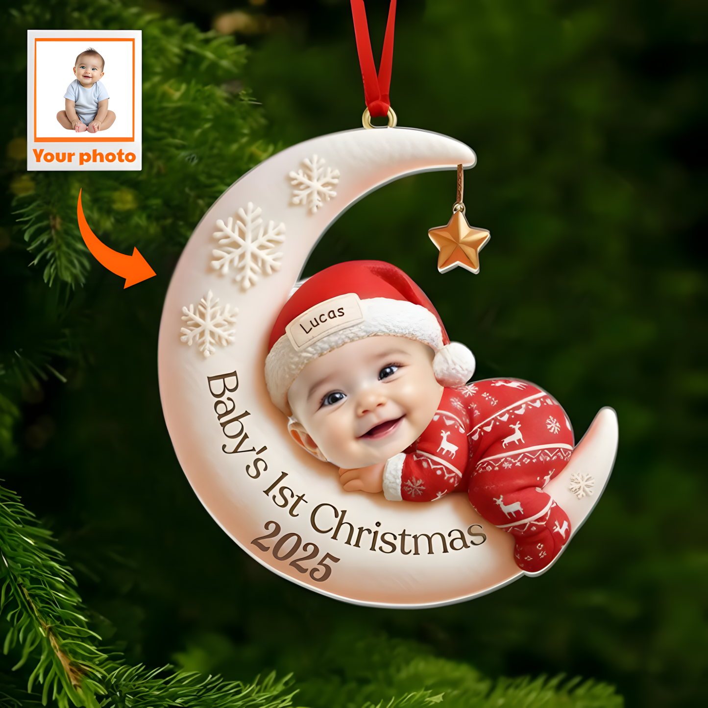 Baby First Christmas Ornament, Custom Moon Sleeping Acrylic Keepsake
