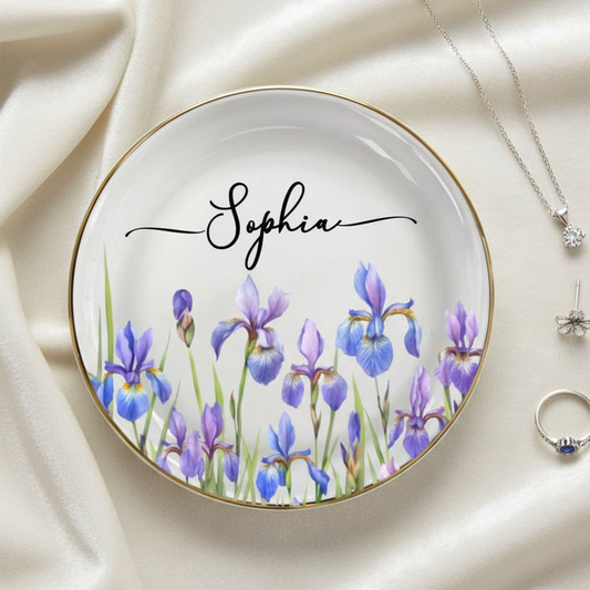 Birth Month Flower Watercolor Blooming In Love - Personalized Round Ring Dish
