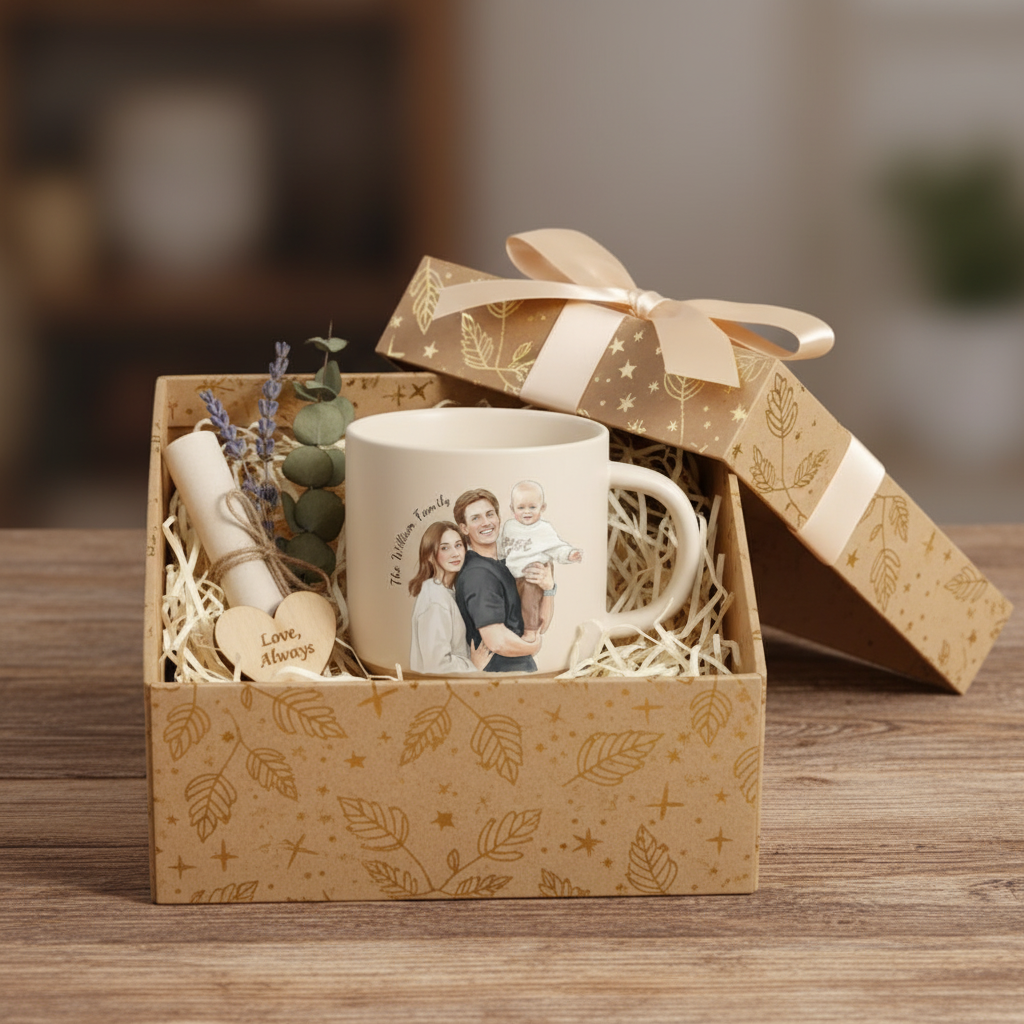 Personalized Warm & Artistic Watercolor Portrait Pottery Mug – Meaningful Gift for Couples & Family