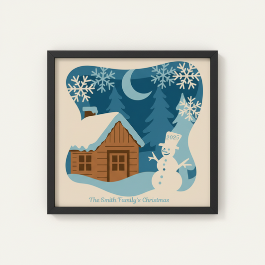 3D Winter Cabin Papercut Frame Picture with Snowman – Perfect Christmas Gift, Holiday Home Décor