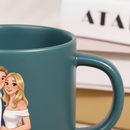 Personalized Cartoon Portrait Pottery Mug – Custom Photo Gift for Couples & Family