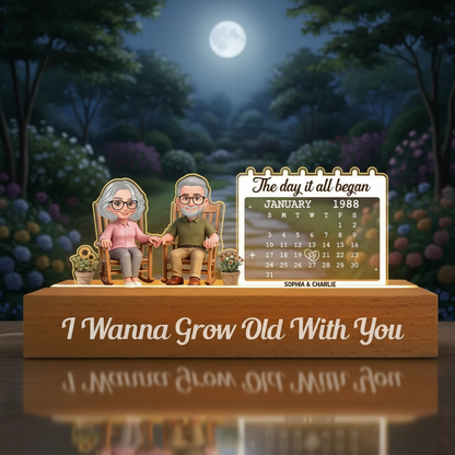 Old Couple Sitting On Rocking Chair Anniversary Date Calendar - Personalized Acrylic Block LED Night Light