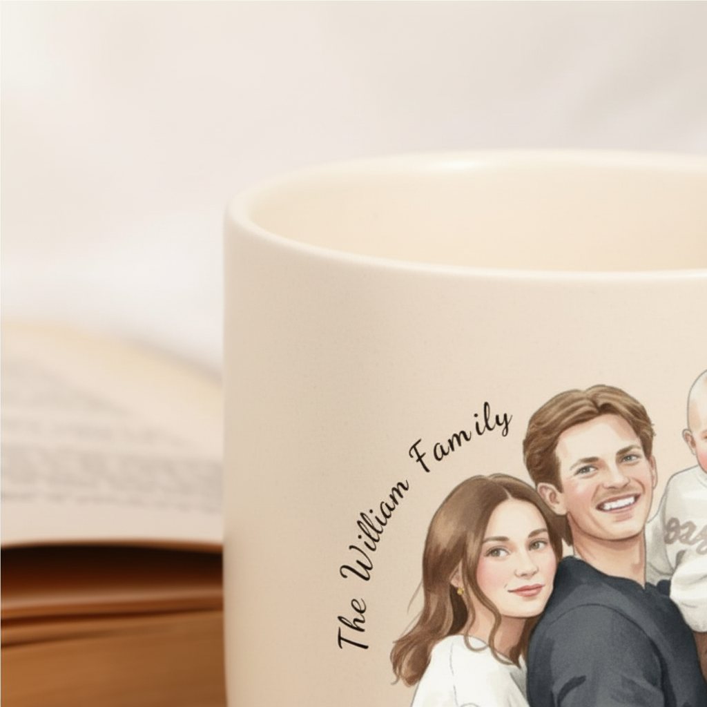 Personalized Warm & Artistic Watercolor Portrait Pottery Mug – Meaningful Gift for Couples & Family