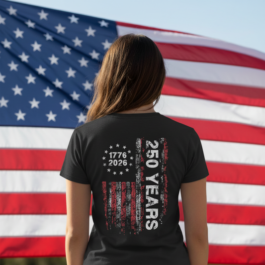 America 250th Birthday US Flag 250 Years We The People Back Side Dark Woman V Neck