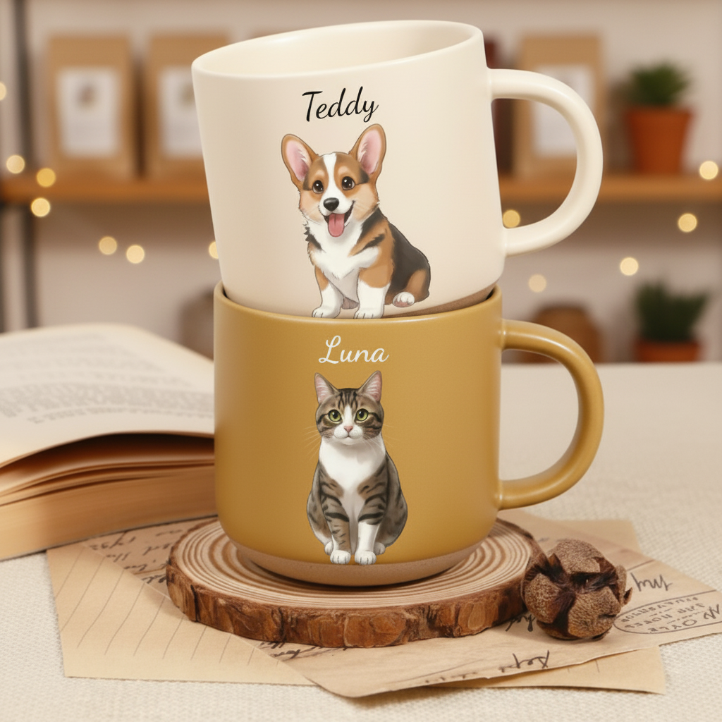 Personalized Cartoon Pet Pottery Mug – Cute Custom Photo Gift for Dog Lovers, Cat Lovers