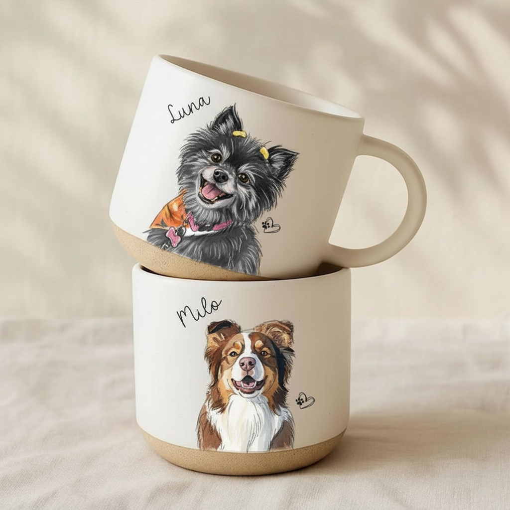 Personalized Hand Drawn Photo Pet Pottery Mug - Memorial Gift For Cat Dog Lovers