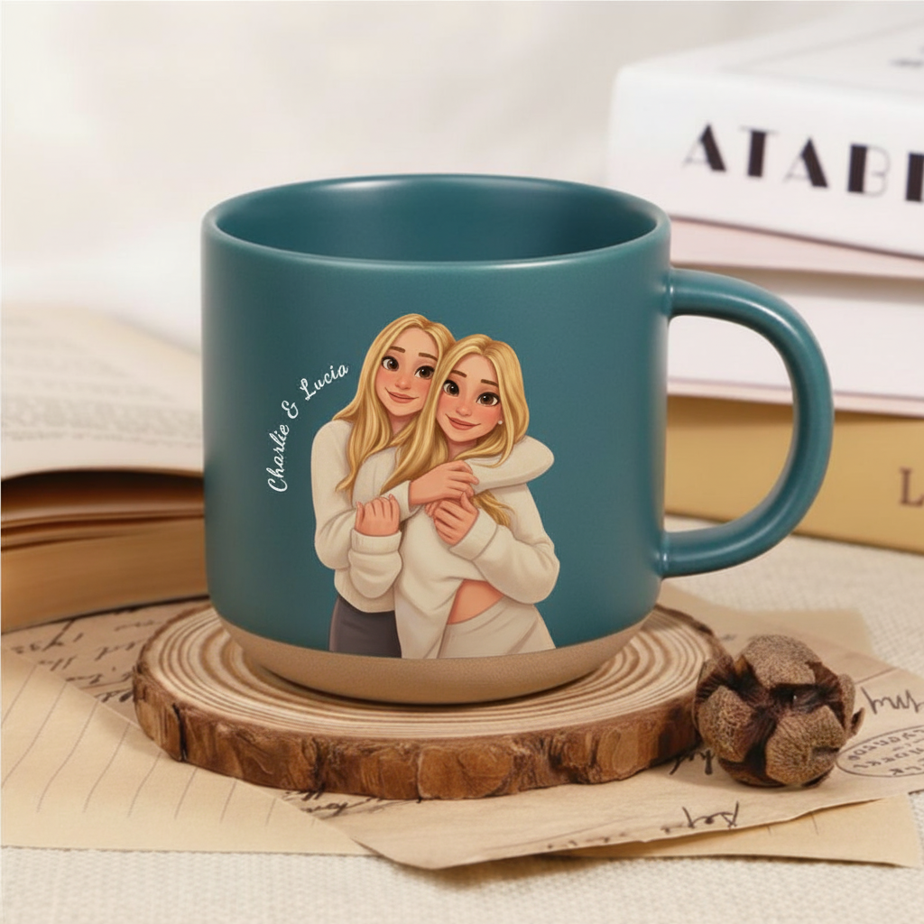 Personalized Cartoon Portrait Pottery Mug – Custom Photo Gift for Couples & Family