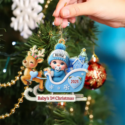 Baby Santa In Sleigh First Christmas - Personalized Custom Shaped Acrylic Ornament