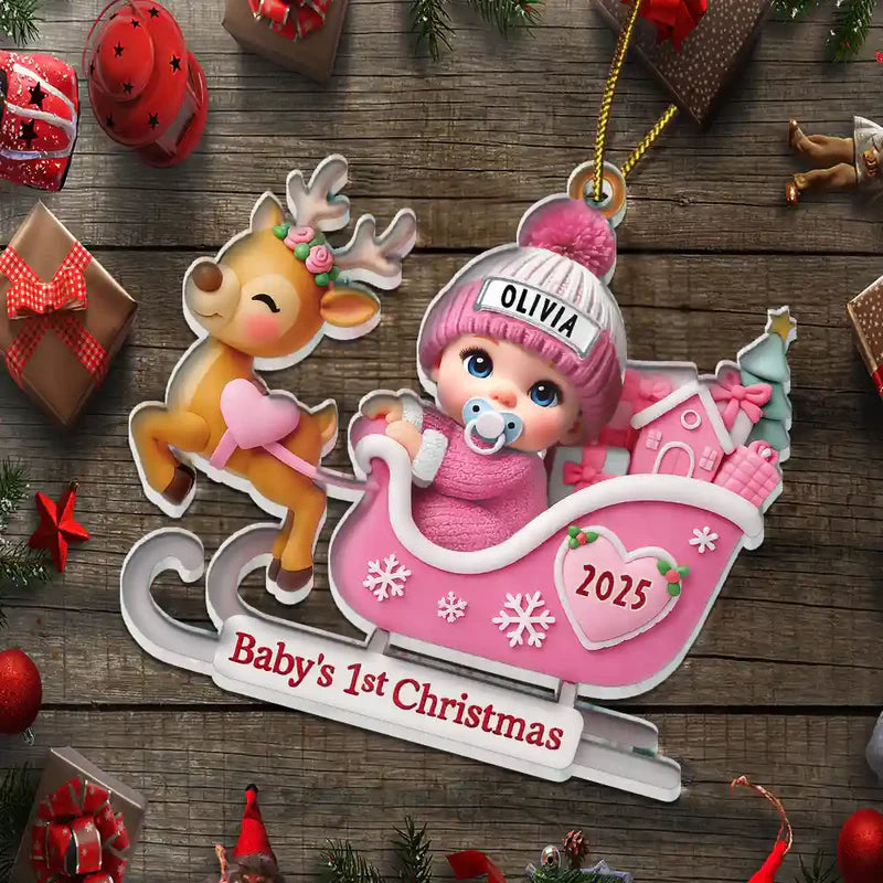 Baby Santa In Sleigh First Christmas - Personalized Custom Shaped Acrylic Ornament