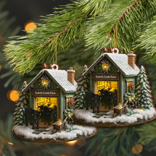 Personalized Farmhouse Christmas Barn and Cattle, Custom Wood Ornament, Gift For Farmers and Ranchers