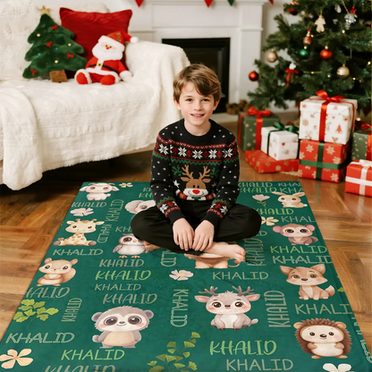 Personalised Multicolor Cute Forest Animal Soft Throw Blanket with Name Children's Day Christmas Gift for Boys Girls