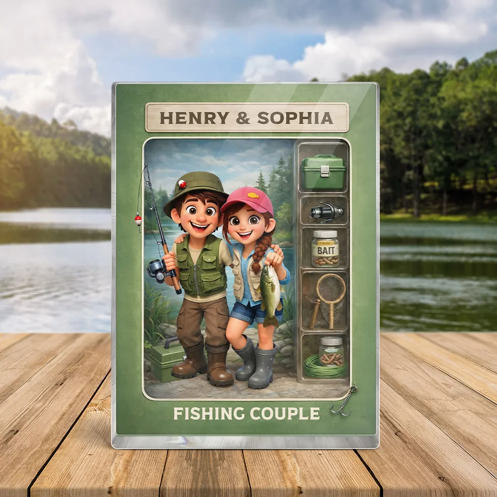 Fishing Couple Action Figure - Personalized Acrylic Block Plaque - Anniversary, Valentine's Day Gift, Gift For Him, Gift For Her